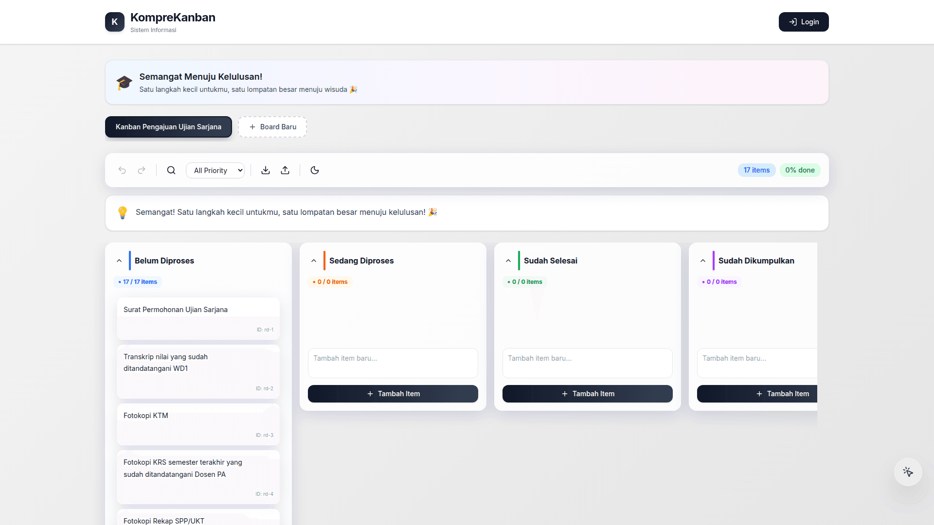 KompreKanban board titled Kanban Pengajuan Ujian Sarjana with four columns for not yet processed, in progress, completed, and collected, seventeen document items in the first column, a priority filter, undo and redo controls, and an item counter reading zero percent done.