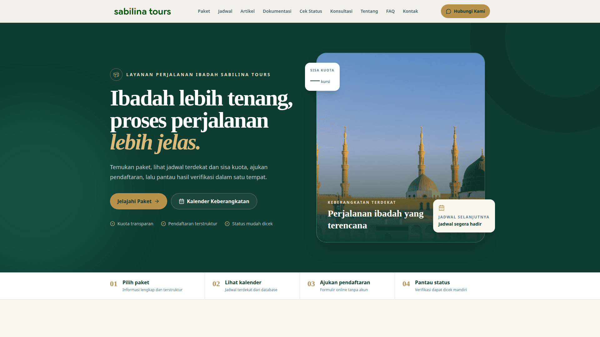 Sabilina Tours landing page on a deep green field, with a headline about calmer worship travel, buttons to explore packages and open a departure calendar, a mosque photograph card, a remaining-quota panel, and a four-step row covering package selection, calendar, registration, and status tracking.