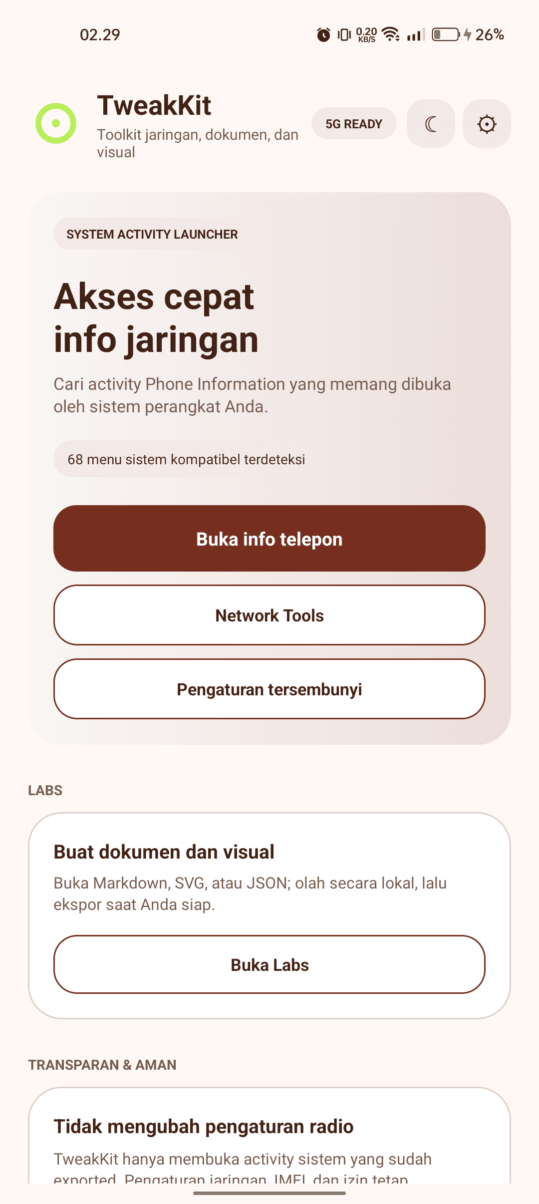 TweakKit Android home screen with network access, local labs, and a safety statement.