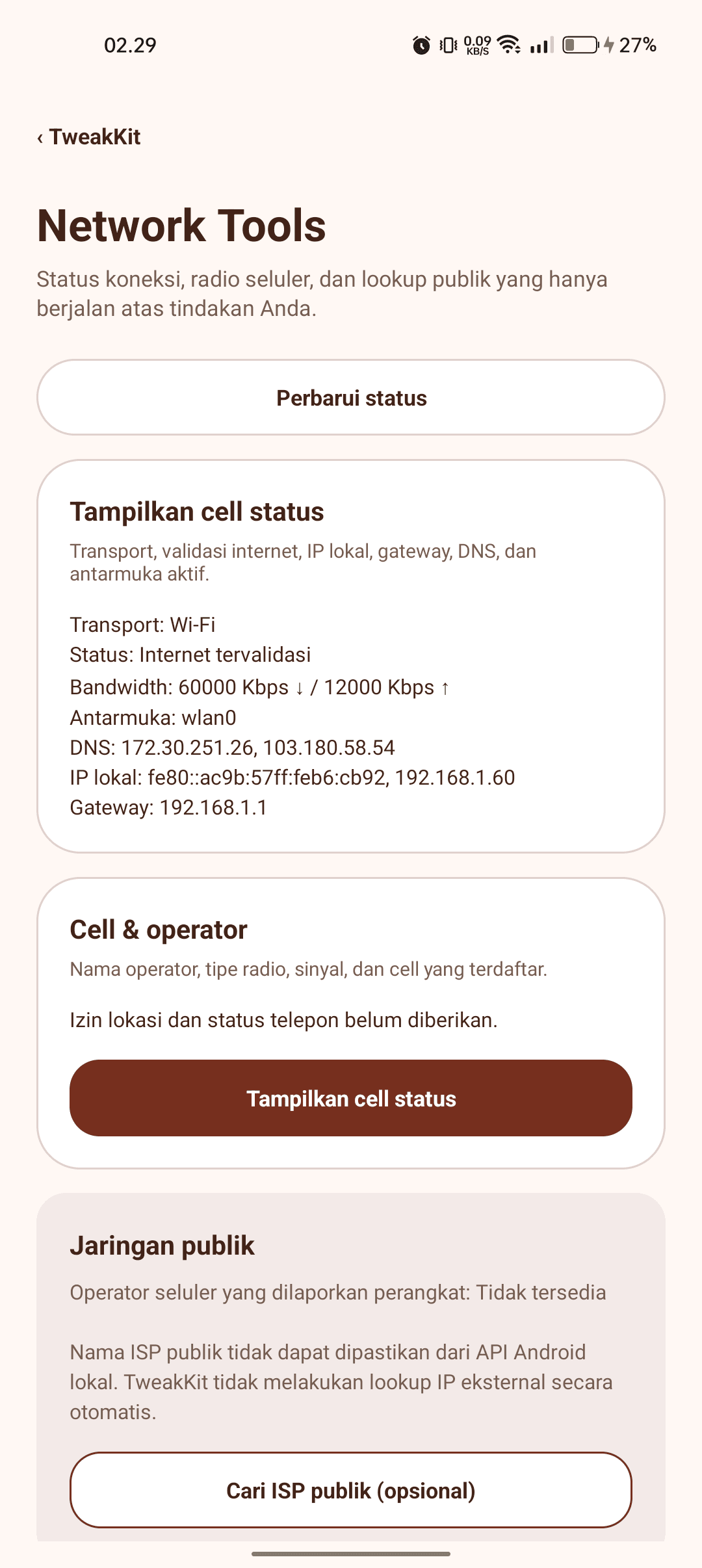 TweakKit Network Tools screen showing local connection status, cell status, and an optional public ISP lookup.