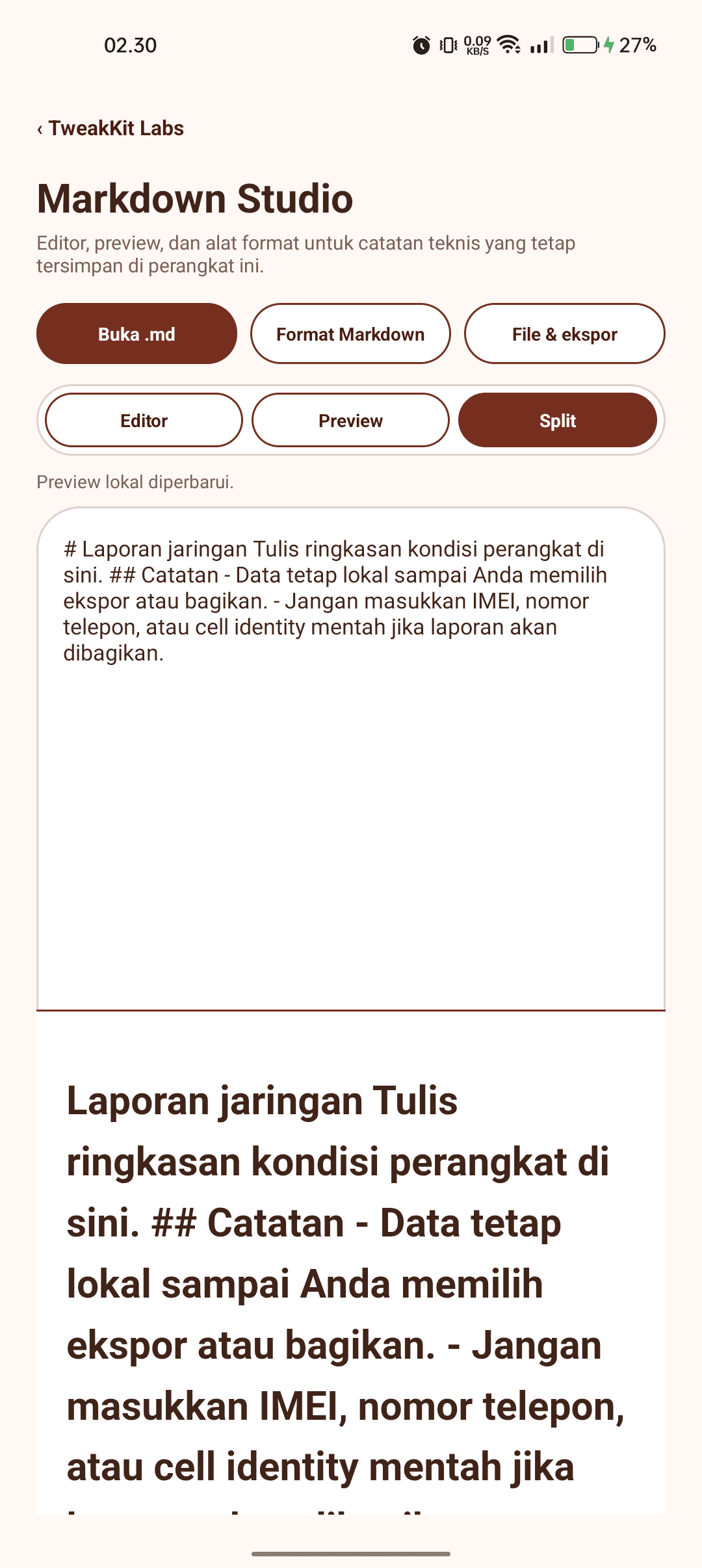 TweakKit Markdown Studio with editing, preview, and split modes for a local technical note.