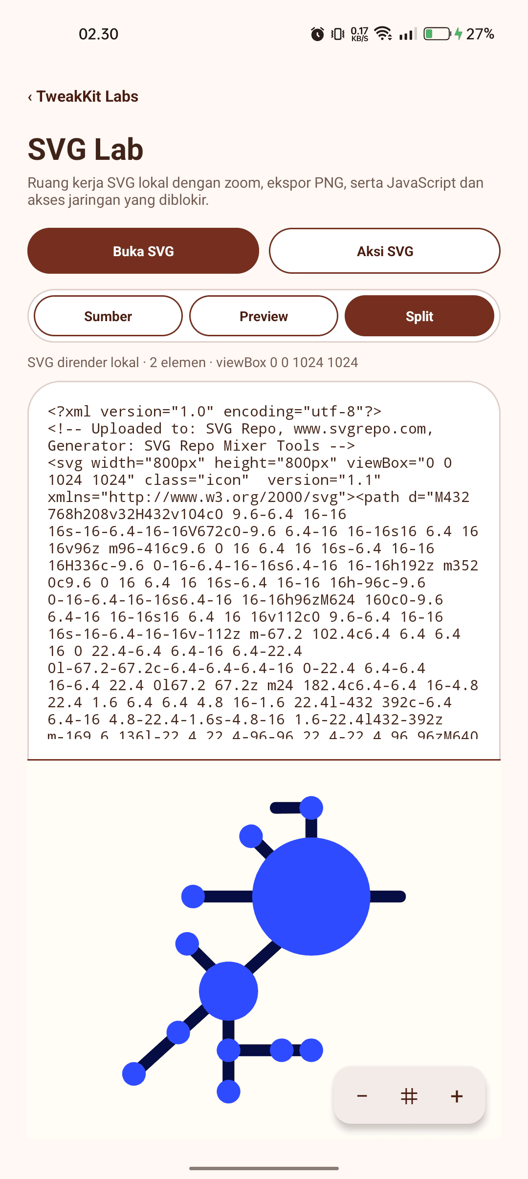 TweakKit SVG Lab showing a local source panel, SVG preview, and zoom controls.