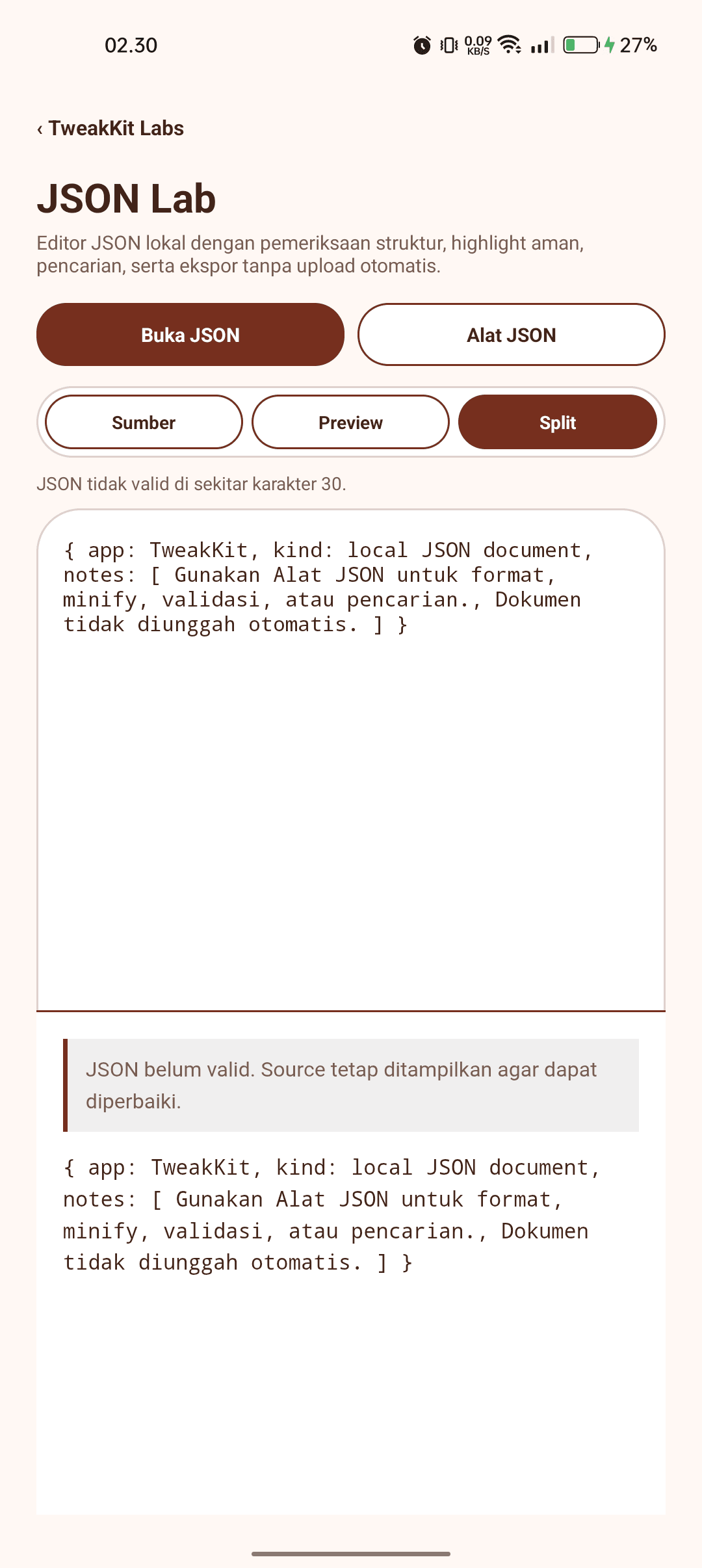 TweakKit JSON Lab with a local invalid JSON message, source editor, and preview panel.