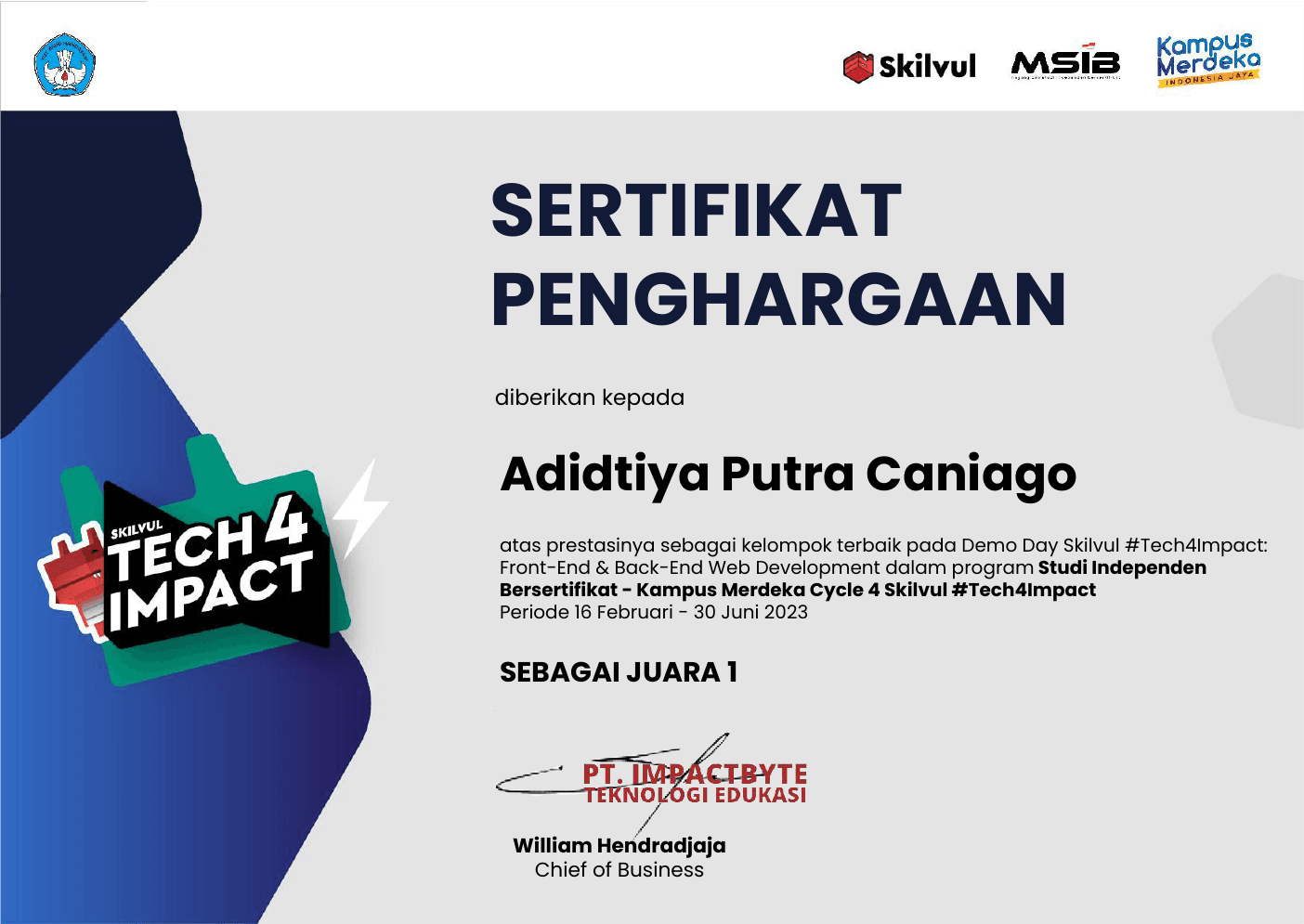 Skilvul Tech4Impact certificate recognizing Adidtiya Putra Caniago as first place at the 2023 Front-End and Back-End Web Development Demo Day