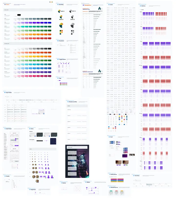 Studiert design-system board with color, type, icon, and component studies