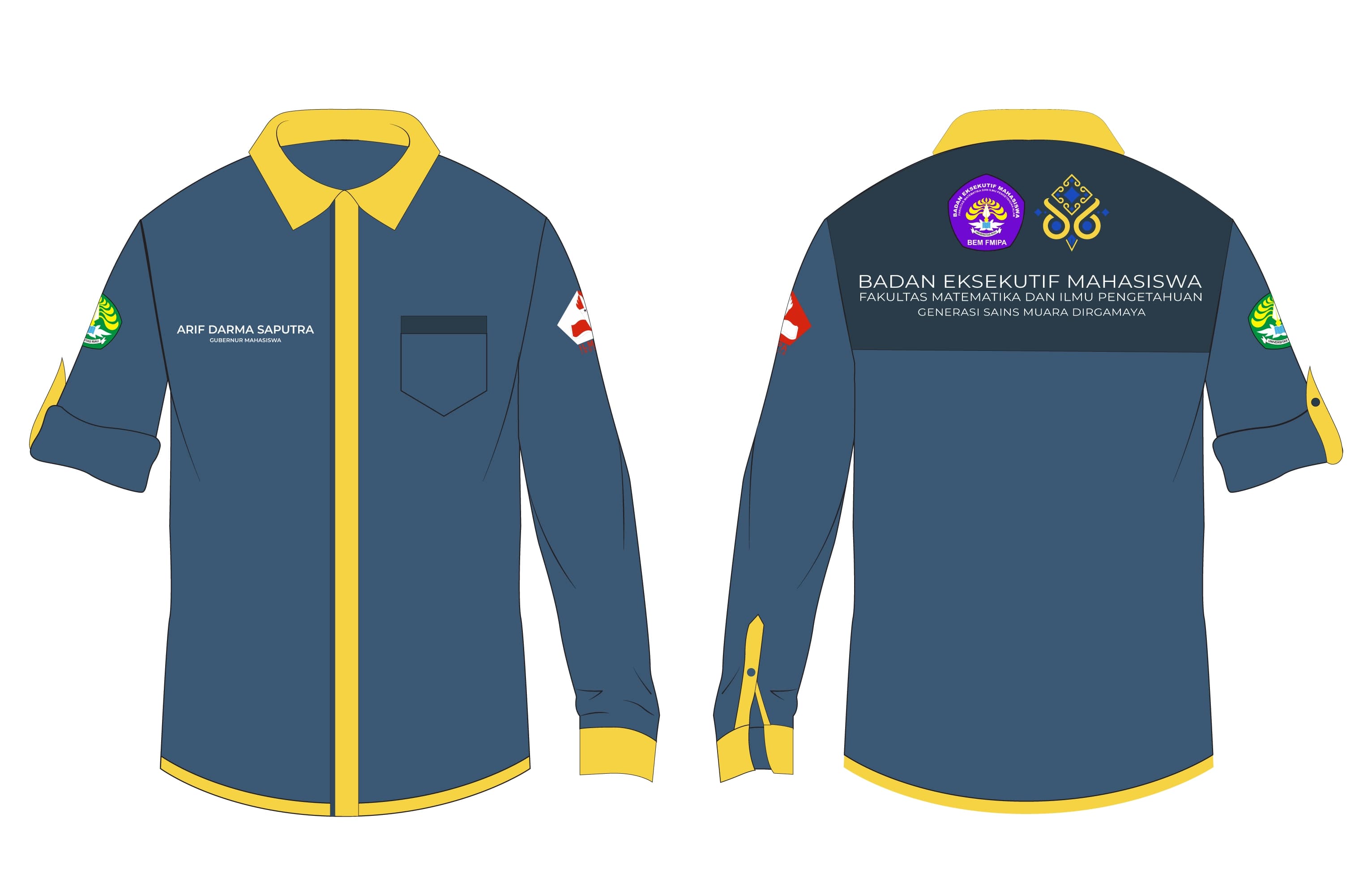 Front and back navy and yellow BEM FMIPA organizational uniform artwork