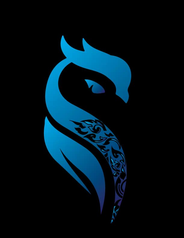 Blue stylized animal symbol with ornamental linework