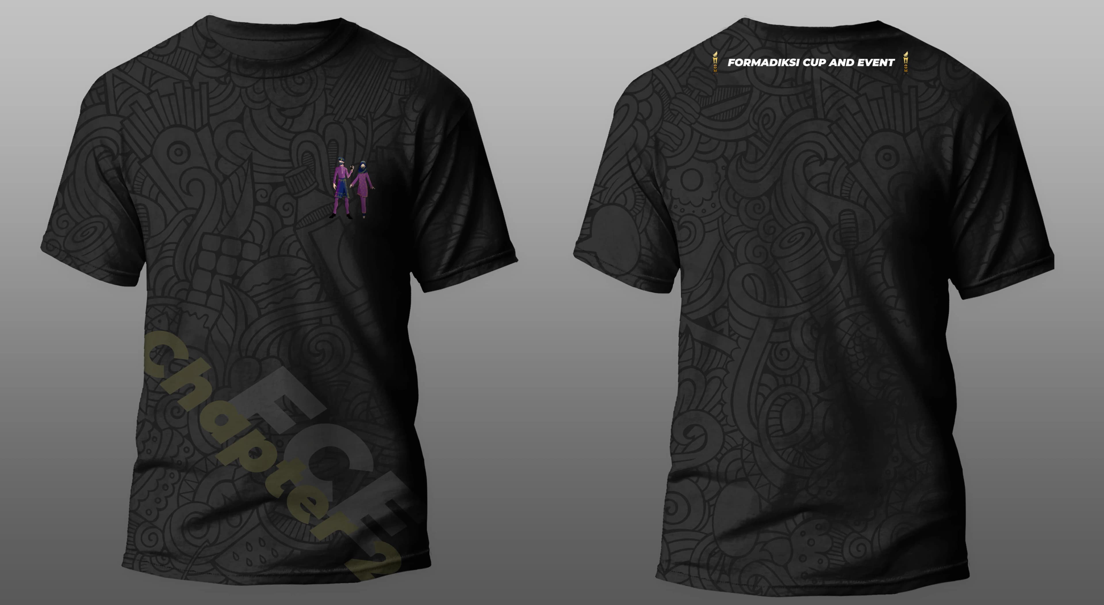 Front and back black Formadiksi Cup and Event shirt mockup