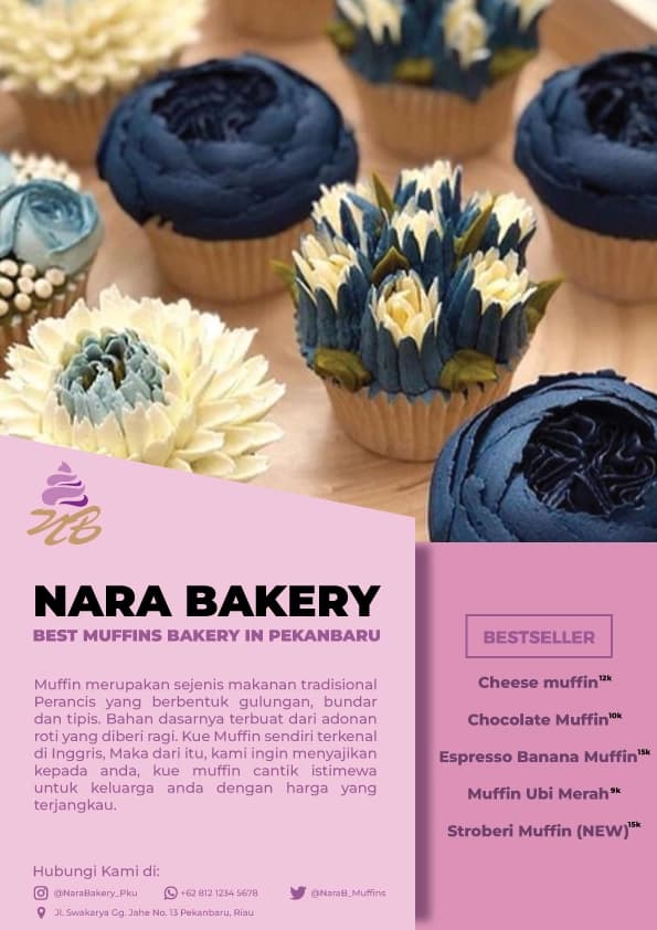 Pink Nara Bakery promotional flyer with bakery photography and menu list