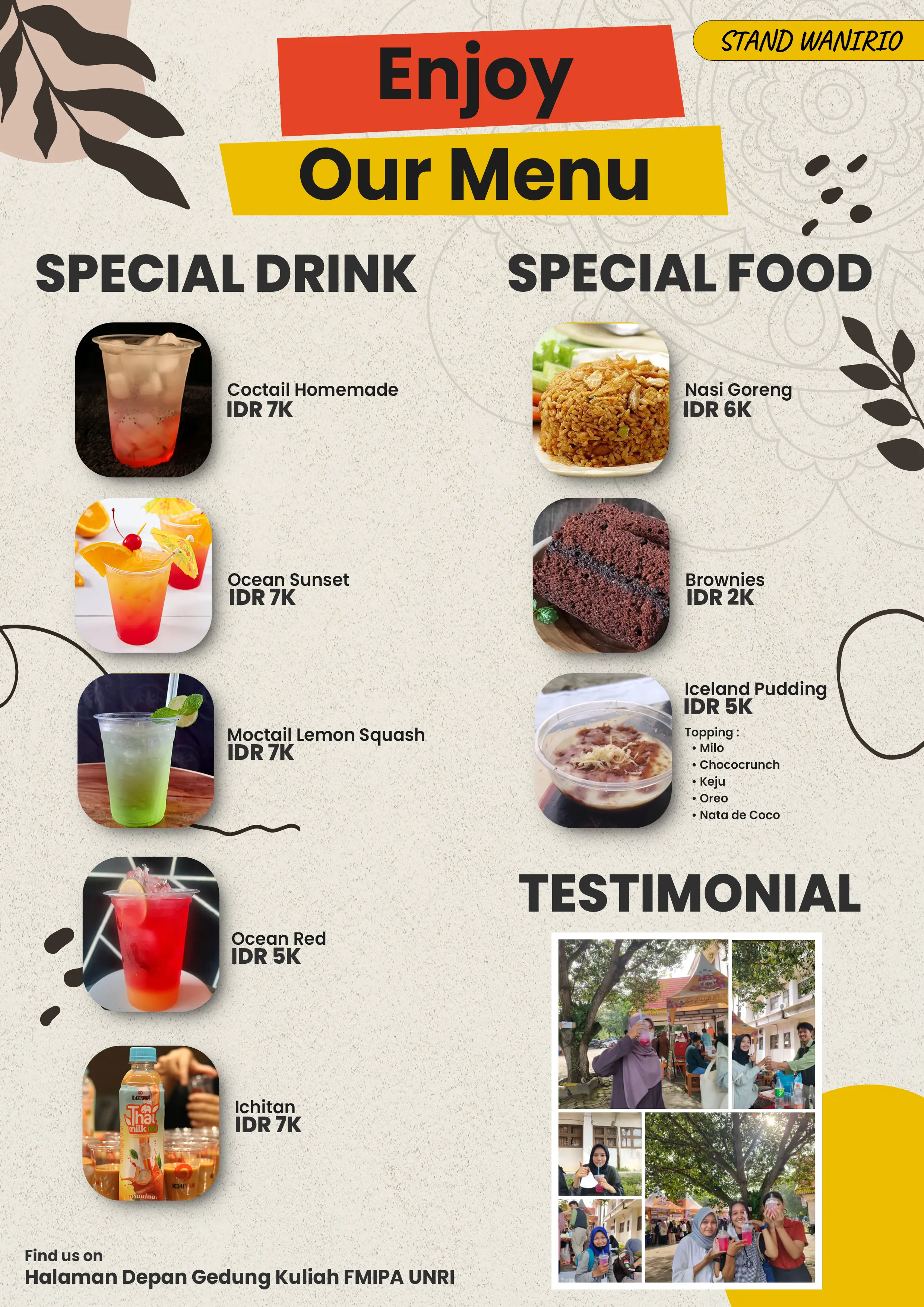 Stand Wanirio food and drink menu with a testimonial section